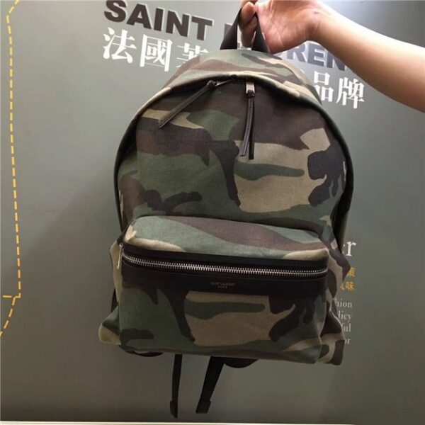 Yves Saint Laurent Classic City Backpack Khaki Cotton Gabardine Camouflage And Black Leather