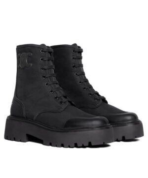 Celine Womens Bulky Laced Up Boot In Nylon And Shiny Bull Black