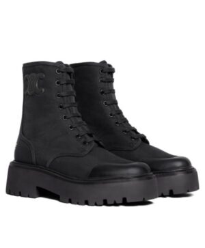Celine Womens Bulky Laced Up Boot In Nylon And Shiny Bull Black
