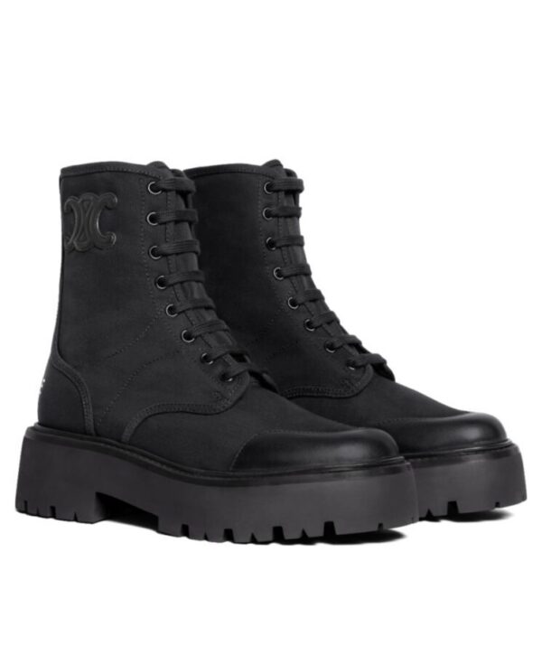 Celine Womens Bulky Laced Up Boot In Nylon And Shiny Bull Black