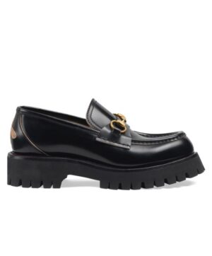 Gucci Womens Leather Lug Sole Horsebit Loafer 77236 Black