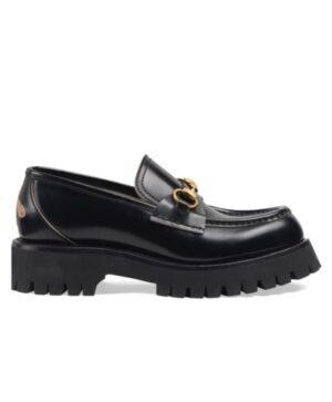 Gucci Womens Leather Lug Sole Horsebit Loafer 77236 Black