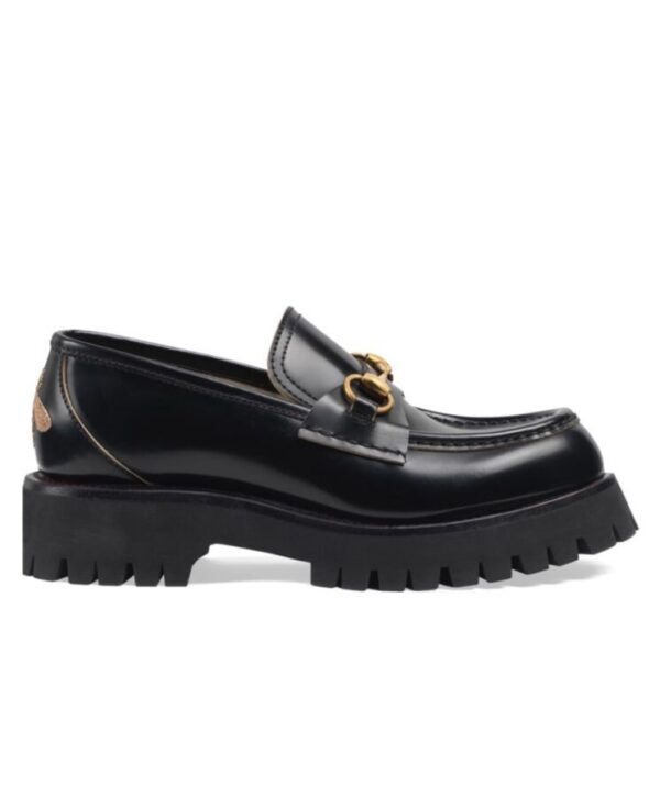 Gucci Womens Leather Lug Sole Horsebit Loafer 77236 Black