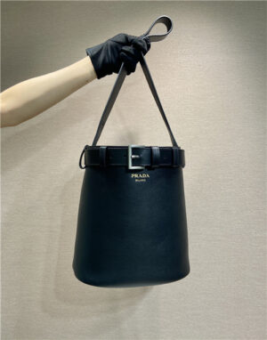 Prada Buckle Leather Bucket Bag With Belt 1BE085 Black