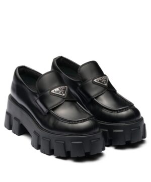 Prada Womens Brushed Leather Monolith Loafers Black