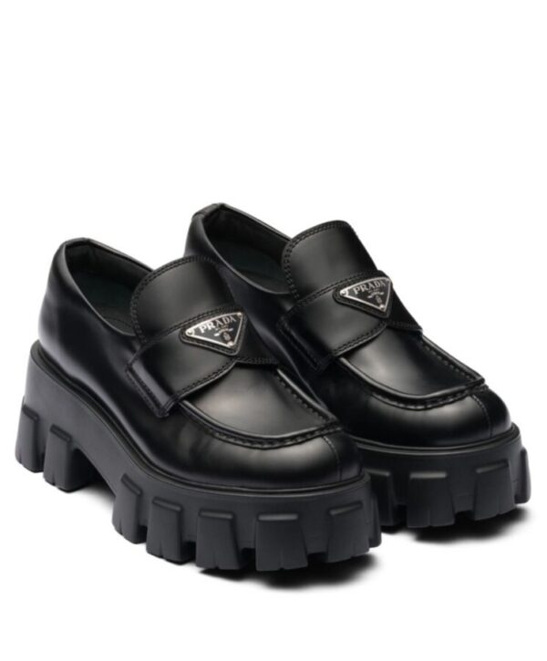 Prada Womens Brushed Leather Monolith Loafers Black