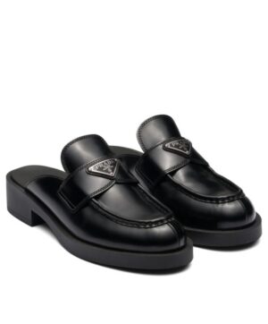 Prada Womens Brushed Leather Mules Black