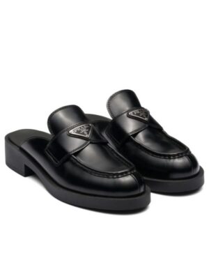 Prada Womens Brushed Leather Mules Black
