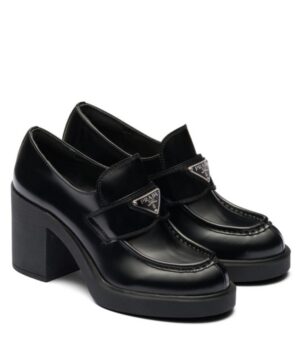 Prada Womens Chocolate High-heeled Brushed Leather Loafers Black