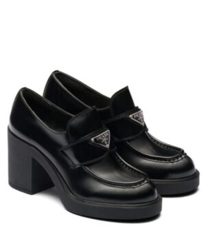 Prada Womens Chocolate High-heeled Brushed Leather Loafers Black