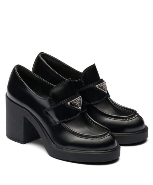 Prada Womens Chocolate High-heeled Brushed Leather Loafers Black