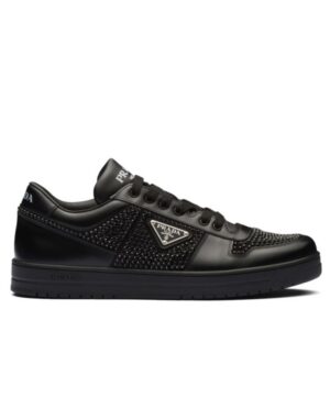 Prada Womens Downtown Leather Sneakers With Crystals 2EE393 Black