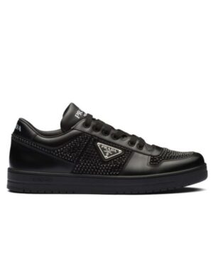 Prada Womens Downtown Leather Sneakers With Crystals 2EE393 Black