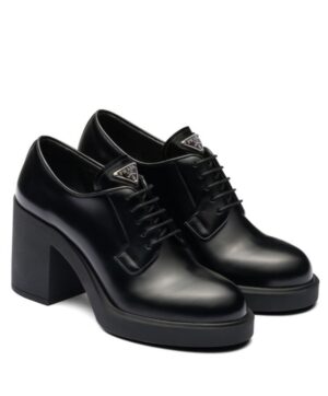 Prada Womens Heeled Brushed Leather Lace-ups Black