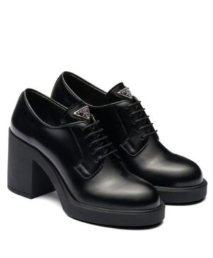 Prada Womens Heeled Brushed Leather Lace-ups Black