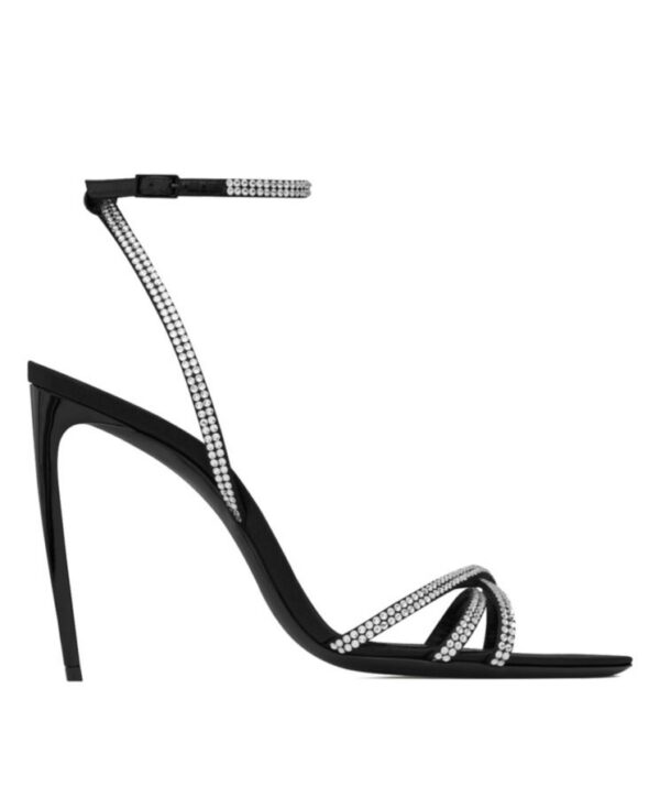 Saint Laurent Womens AVA Crystal Crepe Satin Sandals Black