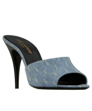 Saint Laurent Womens La 16 Mules In Cassandre Denim Dark Blue