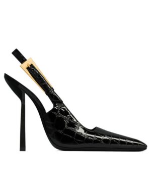 Saint Laurent Womens Lee Slingback Pumps In Crocodile-Embossed Leather Black