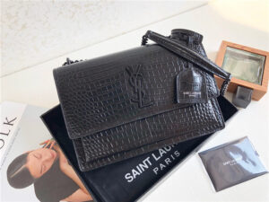 YSL Sunset Medium 442906 Black Crocodile Embossed LeatherBlack