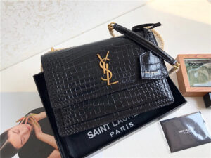 YSL Sunset Medium 442906 Black Crocodile Embossed LeatherGold