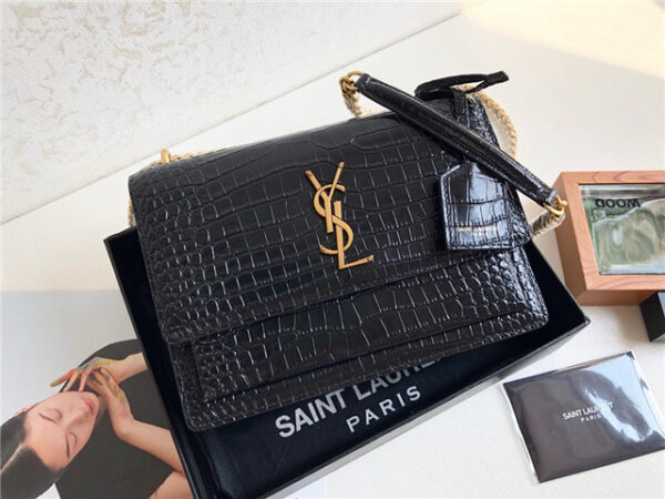 YSL Sunset Medium 442906 Black Crocodile Embossed LeatherGold
