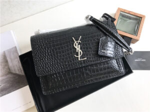 YSL Sunset Medium 442906 Black Crocodile Embossed LeatherSilver