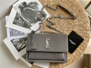 YSL Sunset Medium 442906 Gray Crocodile Embossed LeatherSilver