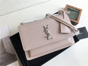YSL Sunset Medium 442906 Pink Crocodile Embossed LeatherSilver