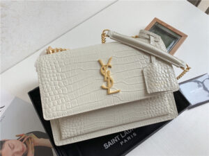 YSL Sunset Medium 442906 White Crocodile Embossed LeatherGold