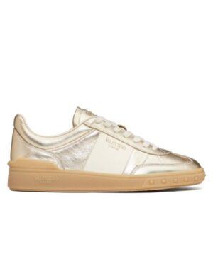 Valentino Unisex Upvillage Sneaker In Laminated Calfskin With Nappa Calfskin Leather Band Golden