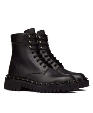 Valentino Womens Rockstud Calfskin Combat Boot With Matching Studs 50MM Black