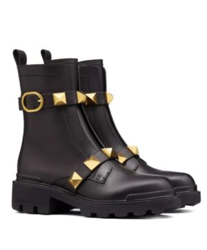 Valentino Womens Roman Stud Calfskin Combat Boot 40MM Black